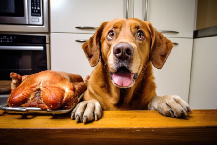 Funny bad dog with paws on kitchen table